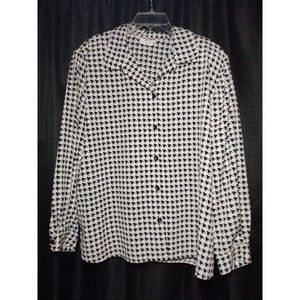 Joan Leslie Womens White with Black Design Button Down Long Sleeve Blouse S 20W